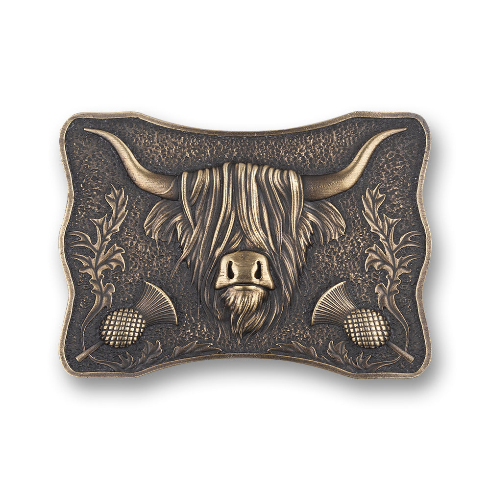 A Highland Coo Belt Buckle in an Antique Brass Finish