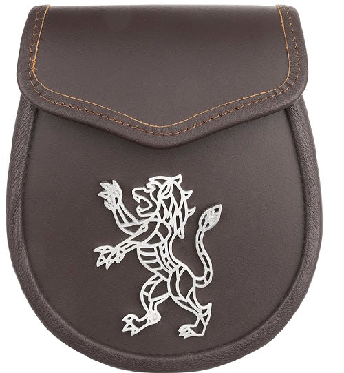 A Brown Leather Sporran with a Pewter Rampant Lion on the front