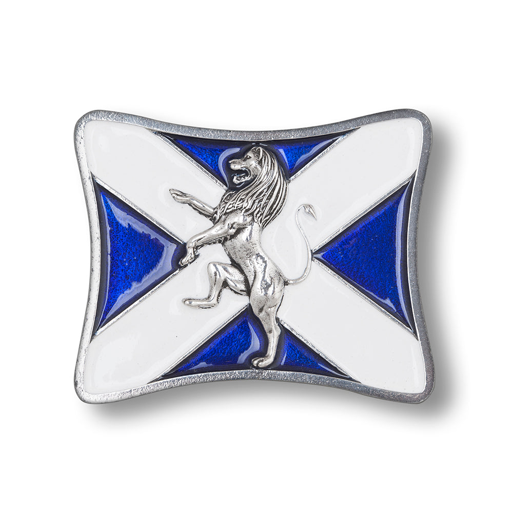 Enamelled Scottish Rampant Lion Pewter Kilt Buckle - Braemar Highlandwear Blue and White Polished