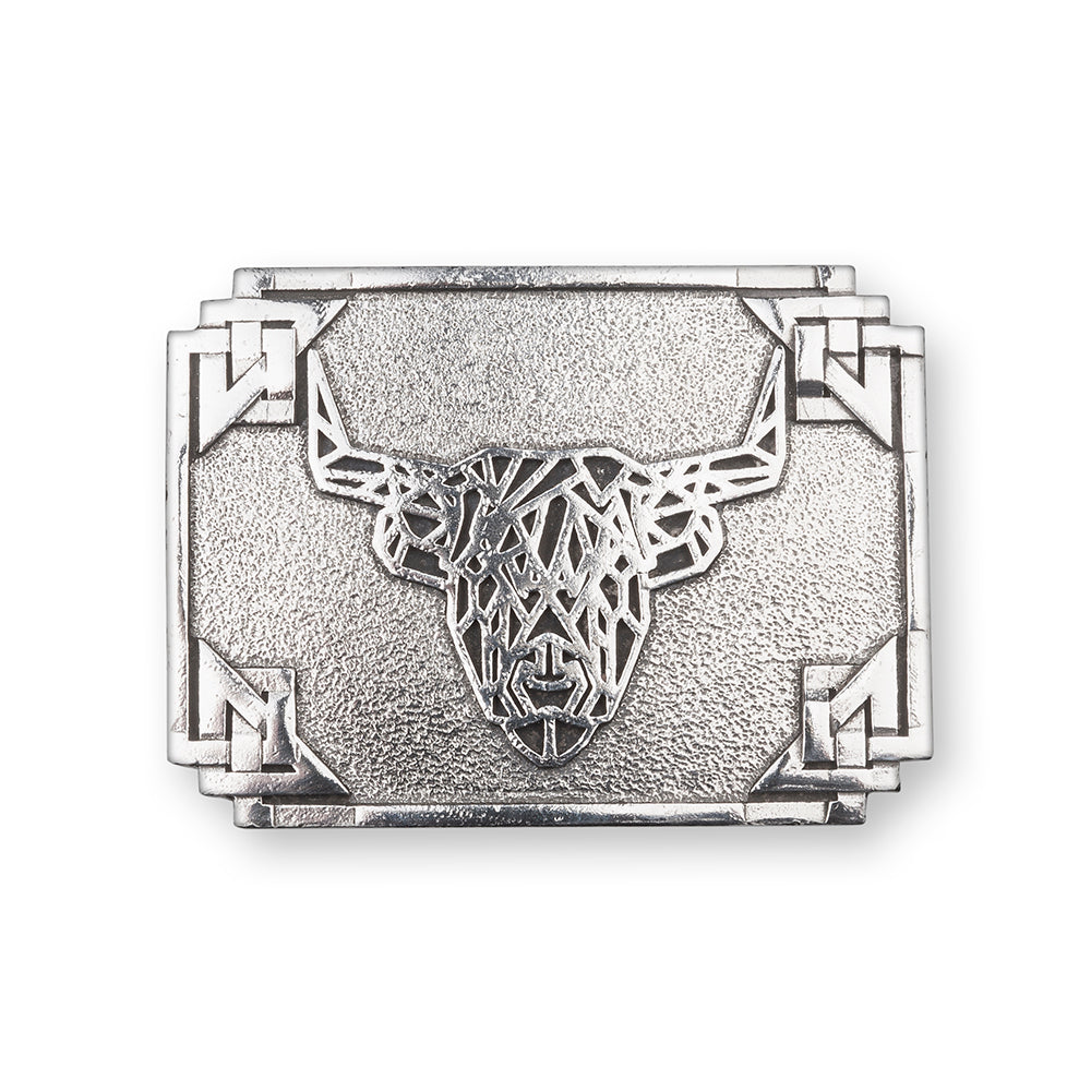 Geometric Highland Cow & Celtic Knotwork Pewter Kilt Belt Buckle - Braemar Highlandwear Polished